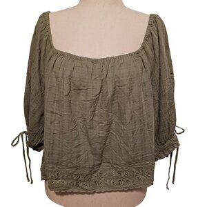 NEW American Eagle Wide Neck Puff-Sleeve Blouse in Olive‎ Green XL 100% Cotton